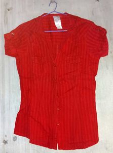 Red Striped Button-Up Shirt