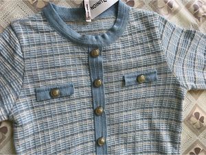 Blue &amp; White Checked Knit Top
