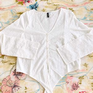 H&amp;M White Embroidered Eyelet V-Neck Top