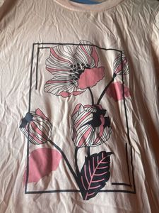 Peach Floral Print T-Shirt Dress with POCKETS
