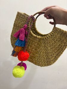 Straw Tote Bag with Pom Poms