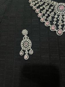 Elegant CZ &amp; Pink Stone Necklace Set