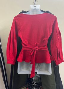 combo of Chic Red Wrap Style Peplum Top and mustar