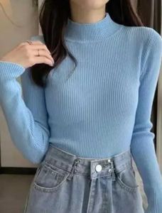 Light Blue Ribbed turtleneck Top