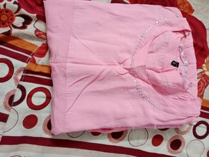 Pink Printed Cotton Anarkali With Jacket