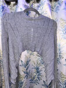 Grey Ribbed Cropped Cardigan with Ruffles