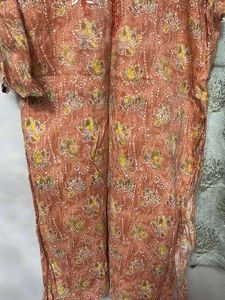 Orange Printed Kurta with Embroidery