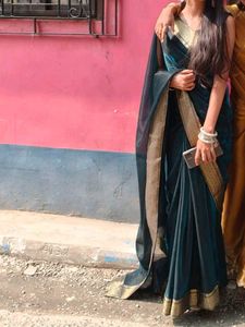 Elegant Teal &amp; Black Saree with Gold Border