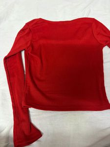 Red Ribbed Square Neck Full-Sleeve Top – Size L