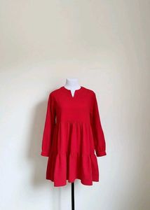 Red Tiered Long Sleeve Dress