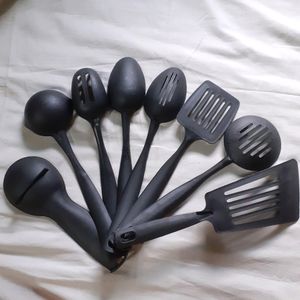 Combo Stylish Kitchen &amp; Dining Tools 8 Set Of Utensils Serving Spoon, Spatula, Slotted Turner, Scoop. Kitchen Serving Utensils Microwave Safe For Non-stick Cookware New &amp; Unused Black Color