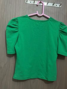 Branded Green Puff Sleeve Top with Heart Detail