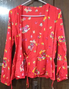 Chic Red Floral Wrap Top