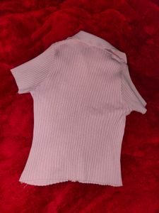 Pink Ribbed Collared Crop Top