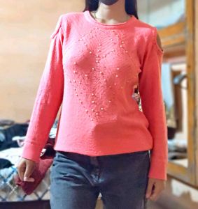 Coral Cut-Out Shoulder Sweater