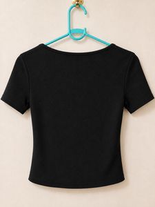 Ribbed Black Square Neck Top