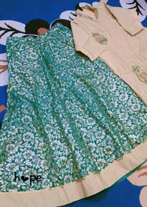 Elegant Beige Kurta with Green Skirt Set