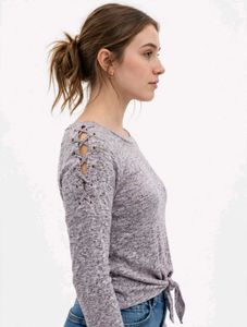 *Grey Melange Front Knot Long Sleeve Top with Shou