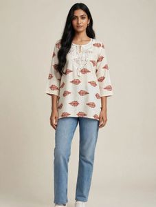 ❤️✨ CREAM PRINTED SHORT KURTI WITH SEQUIN NECKLINE