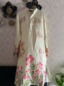 Navratri Cream Kurta with Lotus & Cow Print