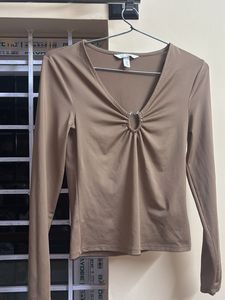 Brown Long Sleeve V-Neck Top