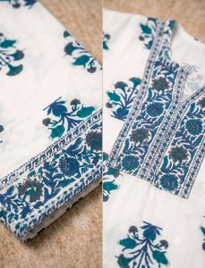 White Kurta Set with Blue Floral Print