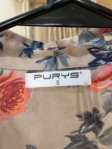 PURYS Beige Coloured Semi Formal Floral Full Sleeves Semi Sheer Shirt
