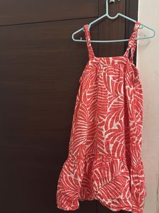 Coral Leaf Print Tiered Midi Dress