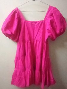 Vibrant Pink Puff Sleeve Tiered Dress
