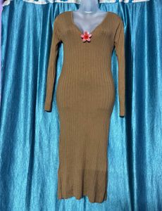 Brown Ribbed Knit Bodycon Dress