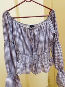 Blue Gingham Off-Shoulder Bell Sleeve Top
