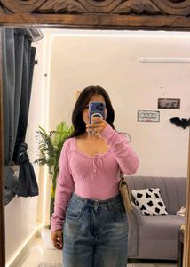 Cute Pink Tie Front Long Sleeve Top - XS