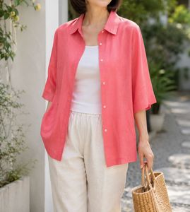Coral Linen Blend Open Collar Shirt