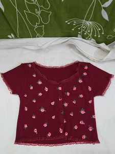 Maroon Ditsy Retro Floral Button-Up Top