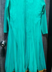 Teal Anarkali Dress, Black Border, Gold Embroidery