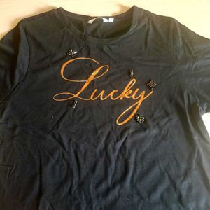 Black "Lucky" Beaded T-Shirt
