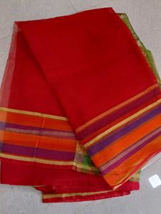 Vibrant Red Saree with Striped Blouse