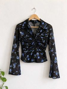 Sheer Floral Ruched Button-Up Top