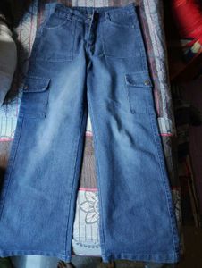 Trendy High-Waist Cargo Denim Jeans | Wide-Leg Fit