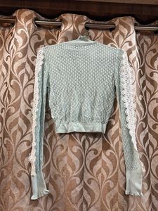 Light Blue Lace Trim Textured Top