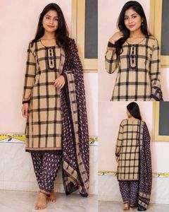 Elegant Beige Check Kurta Set with Dupatta