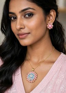 Pink Flower Pendant  & Earrings Set