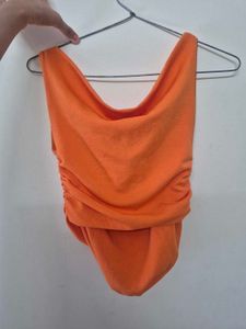 Orange Ruched Cowl Neck Top