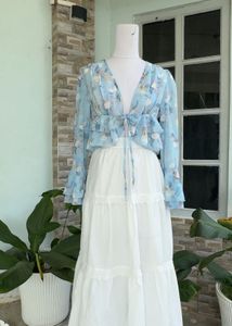 Blue Floral Tie-Front Blouse with white skirt