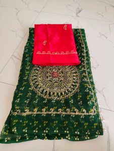 Embellished Green Bandhani saree
