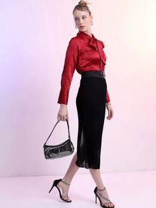 Elegant Red Satin Bow Blouse