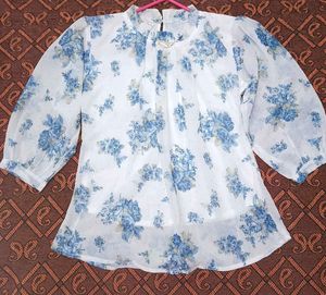 Blue Floral Sheer Long Sleeve Top