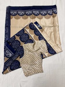 Elegant Cream and Navy Saree with Blouse