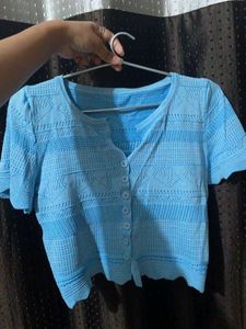 Blue Cropped Knit Cardigan