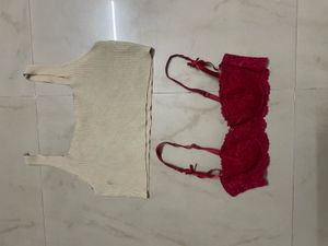 Beige Ribbed Crop Top &amp; Red Lace Bra Set
